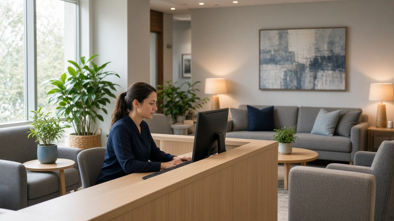 Behavioral health practice office manager reviewing therapy session claims and authorization dates on a laptop