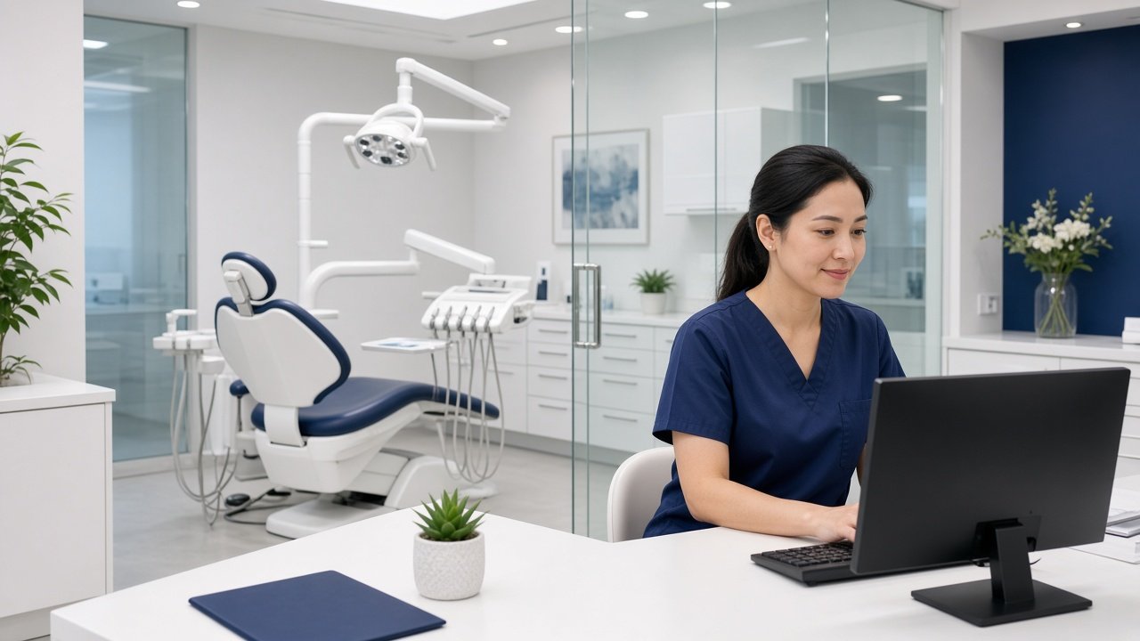 Dental office billing coordinator reviewing a CDT-coded claim with radiograph attachments and a treatment plan