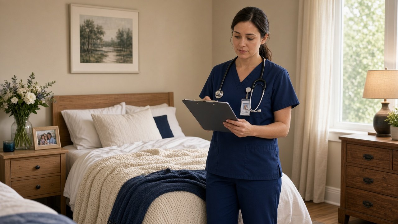 Hospice billing specialist reviewing a monthly hospice claim with level-of-care days and a benefit period calendar