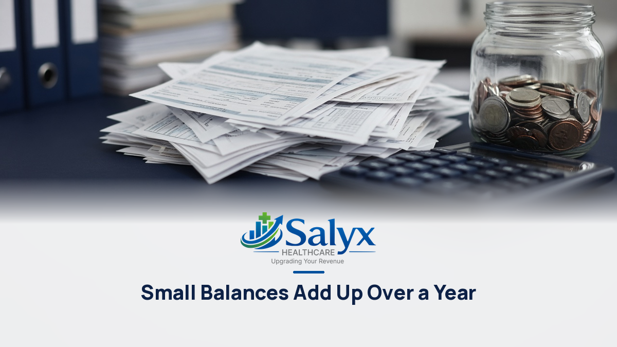 Paper claims stacked next to a jar of coins showing how small balances add up