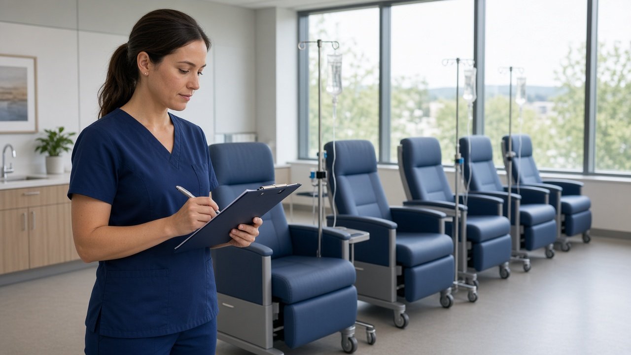 Infusion center billing specialist checking drug units and NDC details on an infusion claim